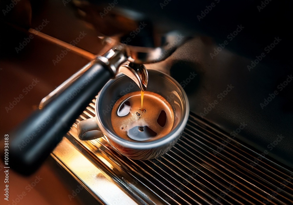 Poster a close-up of espresso being poured into a cup from a professional espresso machine.
