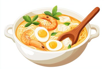 chicken soup with shrimp and mint on bowl