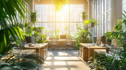 Lush Green Office Oasis, bright sunlight filters through expansive windows, creating a tranquil workspace filled with vibrant plants and modern desks, fostering productivity.