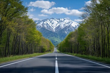 Fototapeta premium Road Leads to the Distant Snow-capped Mountains, Surrounded by Green Forests and Blue Sky, Endless Asphalt Road With White Lines on Both Sides, Landscape Photography