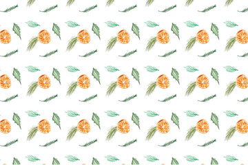 Obraz premium Winter holidays. Pattern of orange round slice and pine needles combined with holly. Hand drawn watercolor illustration for wrapping paper design,card, kitchen napkins, fabric