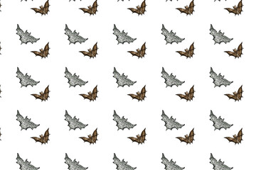 Decorative bats. Pattern of two bat silhouettes: brown and grey with polka dots. Watercolor hand drawn illustration on white background for your design