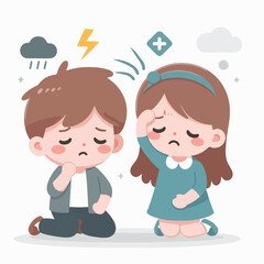 children with headaches flat illustration