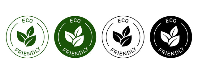 Eco friendly label vector design for packaging. Leaves icon. Dark green and black sticker. Transparent background. Illustration, logo, stamp, tag, emblem, mark or seal.