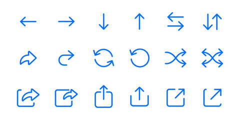 Arrows icon set for website ui/ux design. Arrow buttons thin symbols. Interface signs. Download, direction and share pictograms for app.