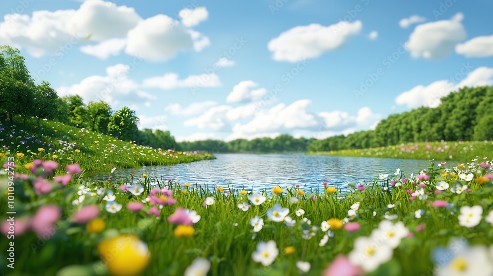 Wall mural Blooming Meadow by a River.