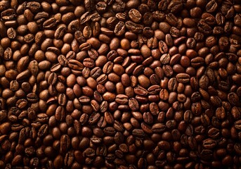 Close-up image of a pattern of roasted coffee beans.