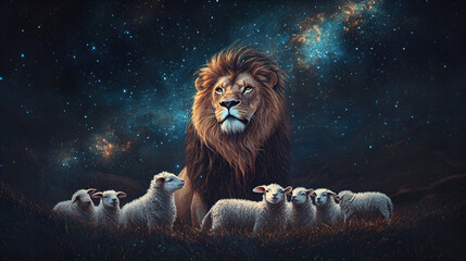 This image shows a powerful lion sitting protectively among a group of sheep under a stunning starry night sky ,The image may symbolize leadership, protection of the vulnerable