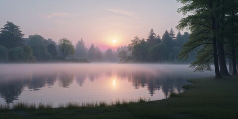 Fototapeta premium Misty Morning Sunrise Over a Tranquil Lake.