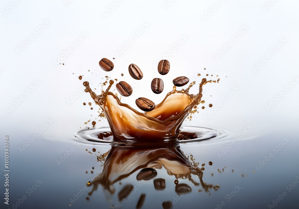 Poster coffee beans splashing into a brown liquid, creating a crown of liquid and droplets.