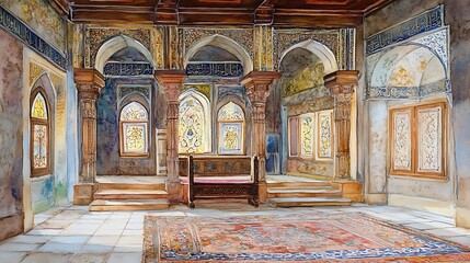 Obraz premium Watercolor Painting of an Ornate Interior with Stained Glass Windows.