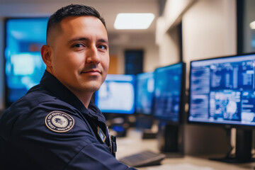 Focused security officer monitoring multiple surveillance screens in control room. Security guard working at workplace at night