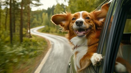 Joyful dog with ears flapping in the wind, leaning out of a car window, surrounded by vibrant green trees and a winding road, embodying carefree adventures.