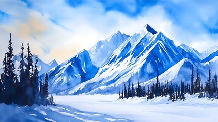 Fototapeta premium Watercolor Painting of Snowy Mountain Range with Silhouetted Trees.