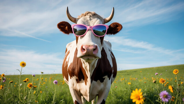A calm cow with pink sunglasses standing in a field.
