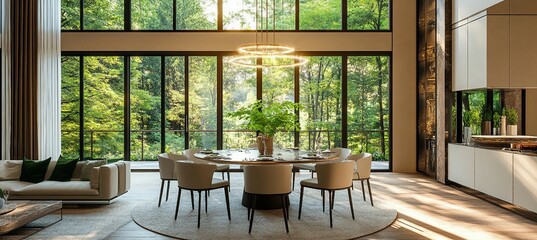 Obraz premium Modern dining room with large windows overlooking a forest