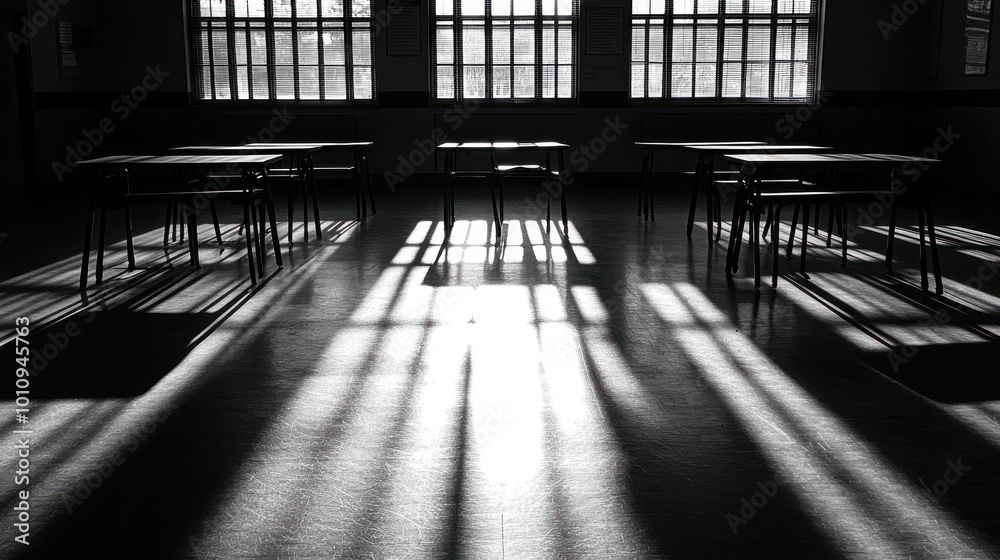 Wall mural A dimly lit classroom with empty desks casting long shadows on the floor.