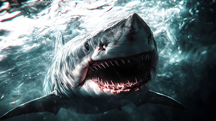 Obraz premium Great white shark in his natural habit, danger animal wildlife photography. underwater in the ocean near a reef