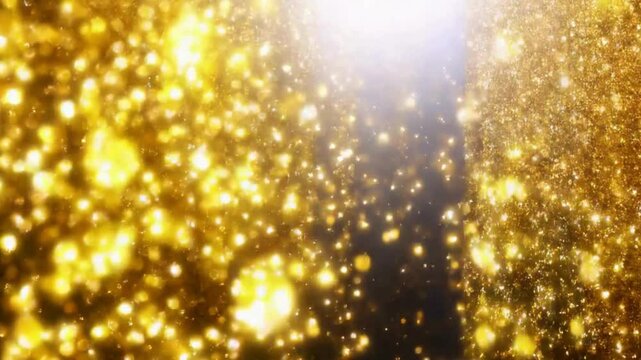4k Gold Particles Rain. Motion Background. Golden glitter particle. Animated Overlay. Defocused bokeh. Falling down glitzy lights. 2160p. 60 fps