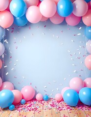 pink and blue balloons and confetti background with copy space for festive gender reveal party or baby shower backdrop