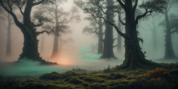 moody forest landscape with fog and mist.