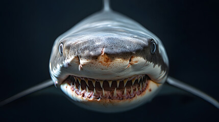 Fototapeta premium Great white shark in his natural habit, danger animal wildlife photography. underwater in the ocean near a reef