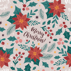 Seamless pattern with poinsettia flowers and floral branches and berries. Perfect for Christmas paper, fabric and gift designs