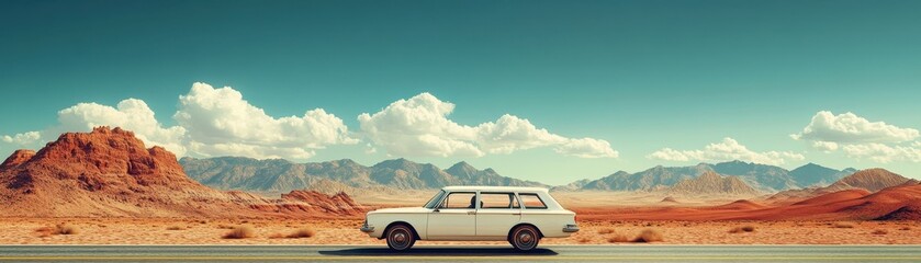 Fototapeta premium Vintage Car on Desert Highway with Majestic Mountain Range and Clear Blue Sky in Background