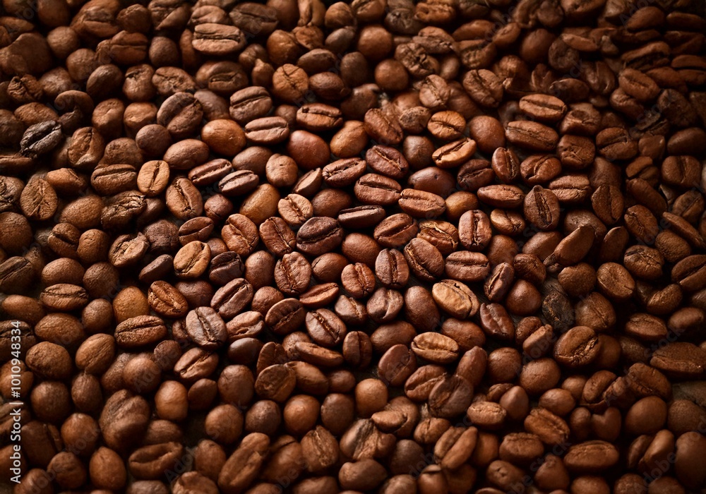 Poster a close-up image of a heap of roasted coffee beans.
