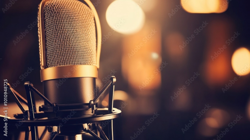 Sticker A close-up of a vintage microphone with a blurred background, suggesting a recording setting.