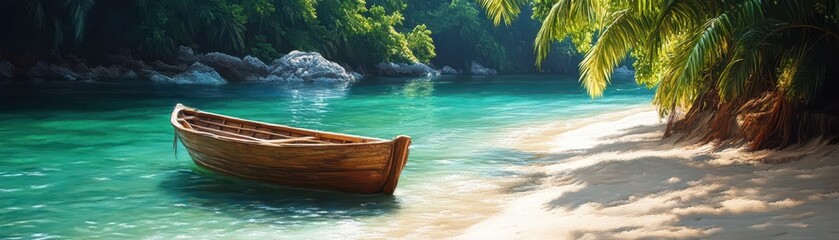 Tranquil Tropical Beach with Wooden Boat and Lush Greenery in Crystal Clear Turquoise Waters Under Bright Sunlight