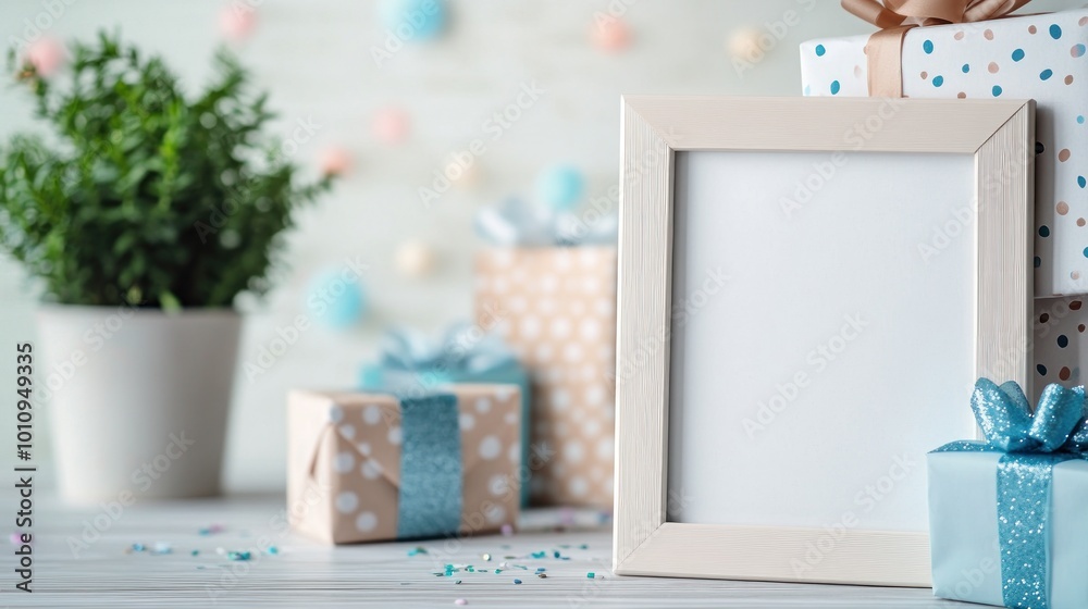 Poster A decorative scene featuring a blank frame, gifts, and a potted plant for celebration.