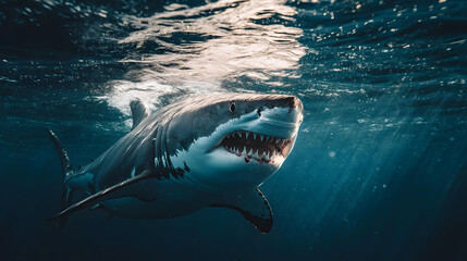 Fototapeta premium Great white shark in his natural habit, danger animal wildlife photography. underwater in the ocean near a reef