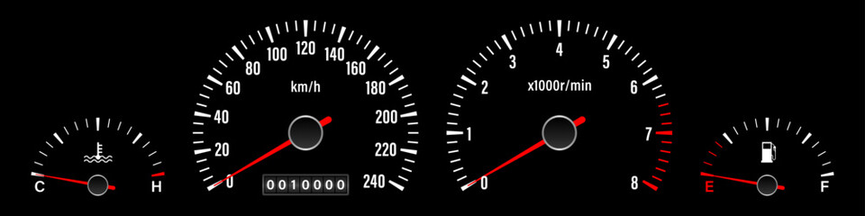 Car Dashboard. Car Panel Display. Car Speedometer Dashboard. Tachometer or Odometer Display. Vector Illustration.