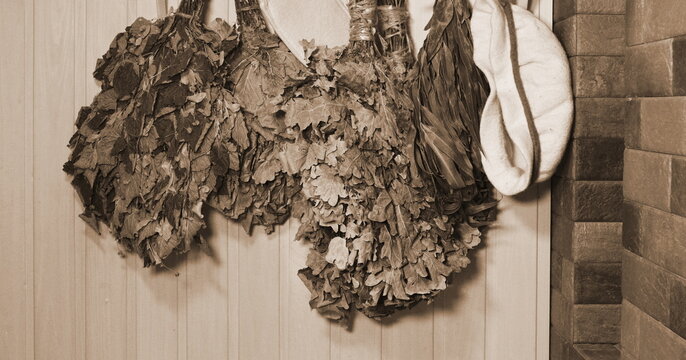 Sauna Accessories Traditional Hanging Front View Sepia Toned Rustic Decor