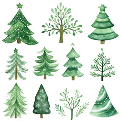 Fototapeta premium Watercolor illustrations of various green Christmas trees with unique shapes, isolated on white. Perfect for festive and natural holiday themes. 