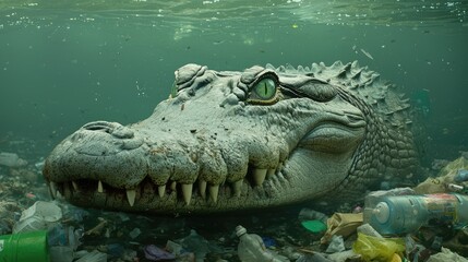 Obraz premium Natural Menace: Photorealistic Crocodile in Polluted Water with Plastic Debris - High Resolution 8K Image of a Dangerous Predator Hidden Beneath the Surface