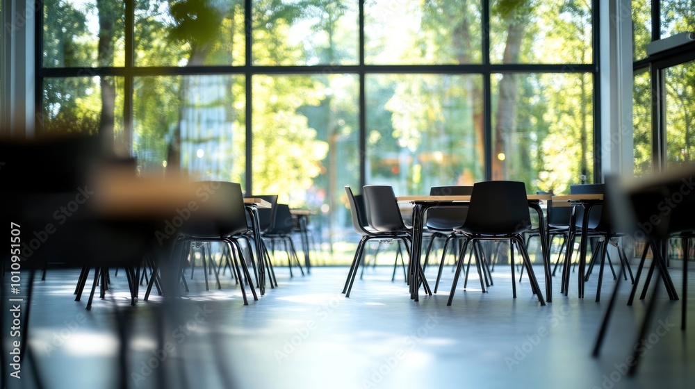 Sticker A bright, modern classroom with empty tables and chairs, surrounded by large windows.