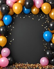 black and golden balloons and confetti background with copy space for festive gender reveal party or baby shower backdrop