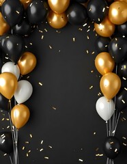 black and golden balloons and confetti background with copy space for festive gender reveal party or baby shower backdrop