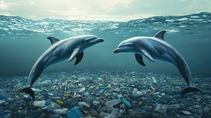 Naklejka premium Surreal Photorealistic Image of Trapped Dolphins Amidst Plastic Pollution in 8K Resolution