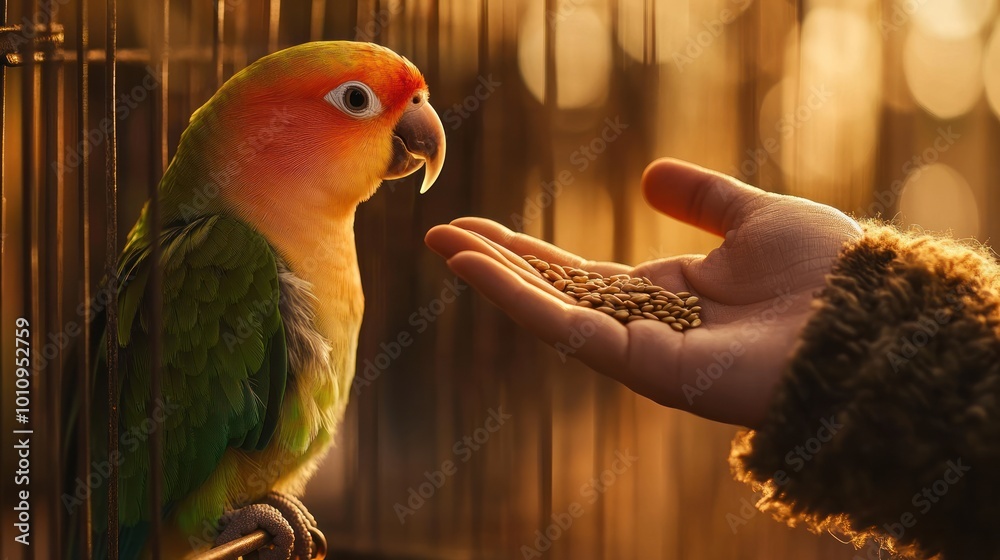 Wall mural A colorful parrot interacts with a person offering seeds in a warm, golden light setting.