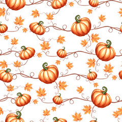 Pumpkins orange with maple leaves. Seamless pattern for autumn Harvest fest, Thanksgiving or Halloween. Hand drawn watercolor illustration isolated. Template for wrapping paper, oktoberfest, textile.