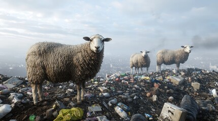 Fototapeta premium Environmental Contrasts - Photorealistic Sheep Grazing on Polluted Hillside with Industrial Waste and Foggy Smog - High Resolution 8K Image