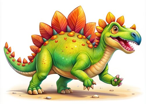 cartoon stegosaurus dinosaur, green orange, walking clip art preview