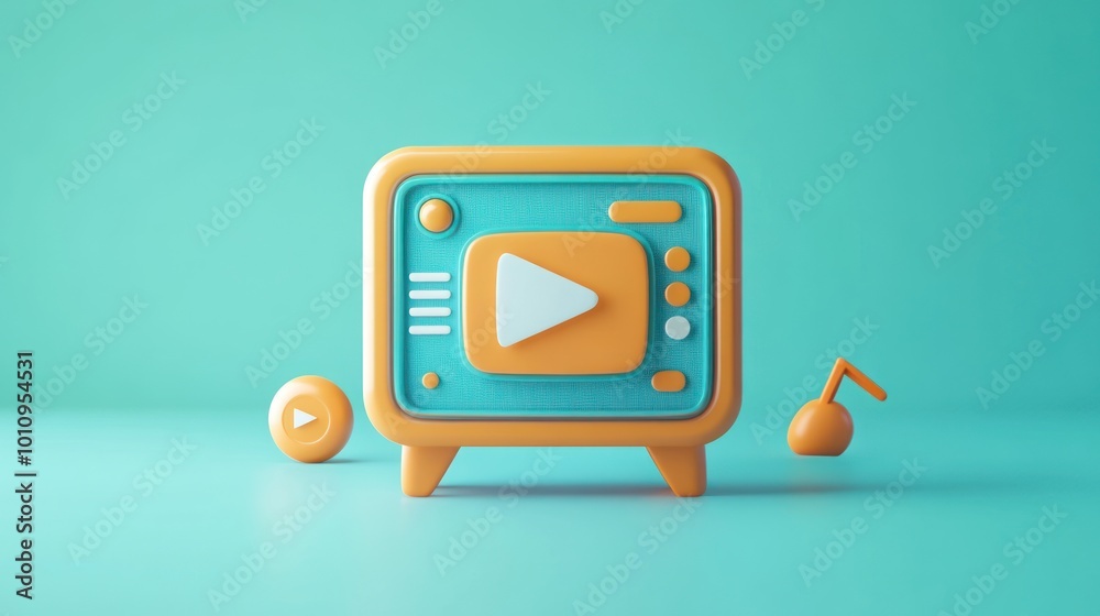 Wall mural A colorful, playful media player icon with a retro TV design and musical note.