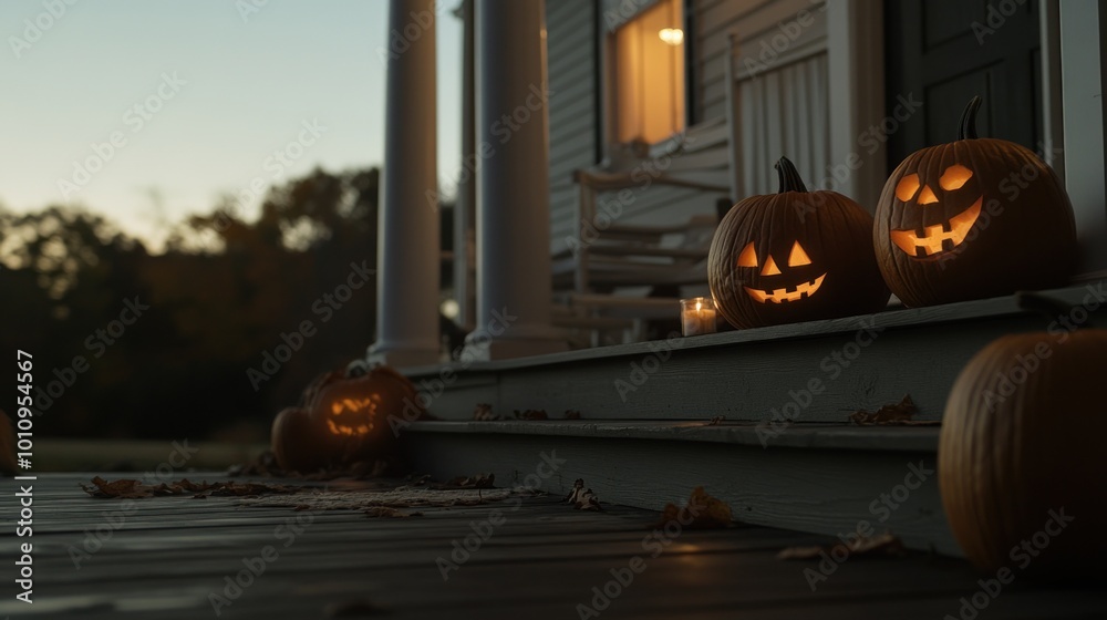 Canvas Prints A cozy porch decorated with glowing jack-o'-lanterns for Halloween.