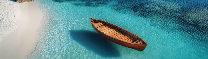 Obraz premium Serene Wooden Boat Floating on Crystal Clear Turquoise Waters Near a Pristine White Sand Beach Under a Sunny Blue Sky