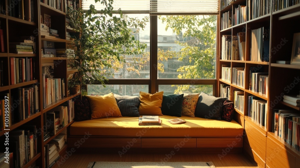 Canvas Prints Cozy reading nook with bookshelves, natural light, and a comfortable seating area.