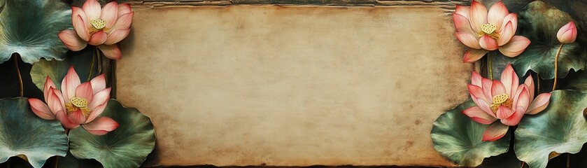 Obraz premium Vintage Floral Banner with Pink Lotus Flowers and Green Leaves on Antique Textured Background